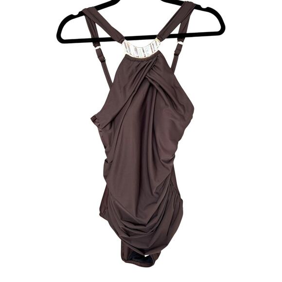 Women's Miraclesuit Brown Mother of Pearl Inlay Halter Dress Size 12 - Picture 1 of 5